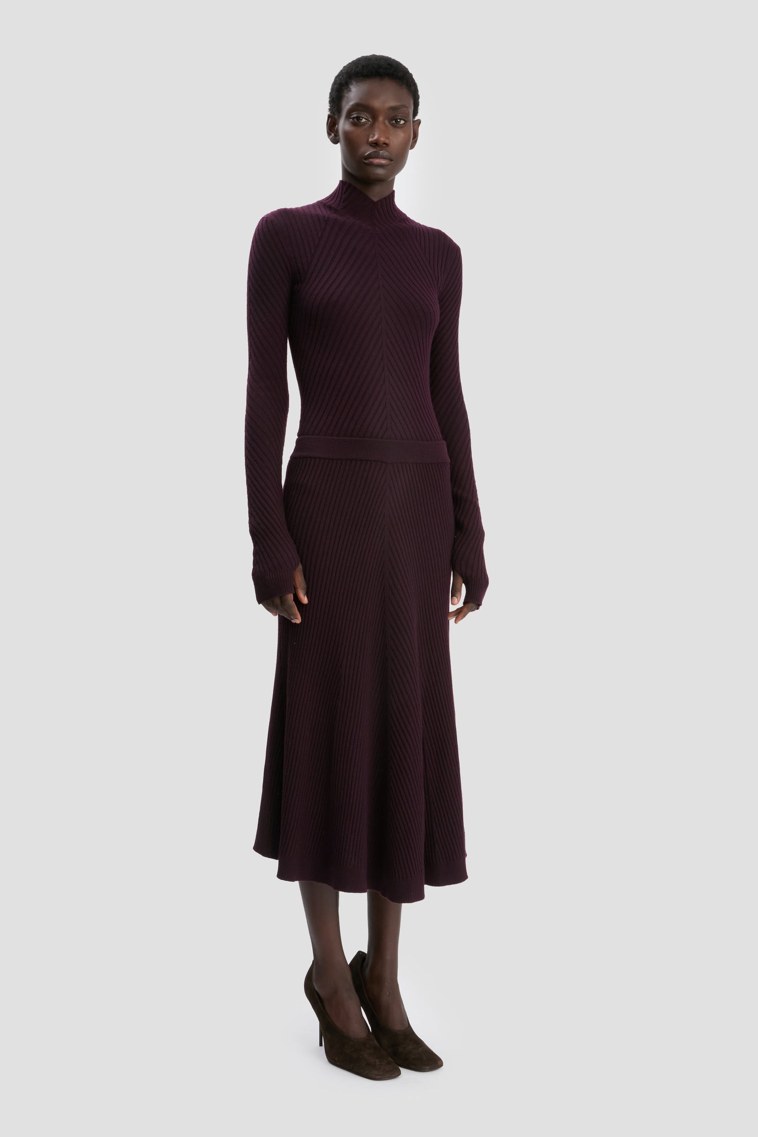 Jupe midi en maille côtelée Merlot