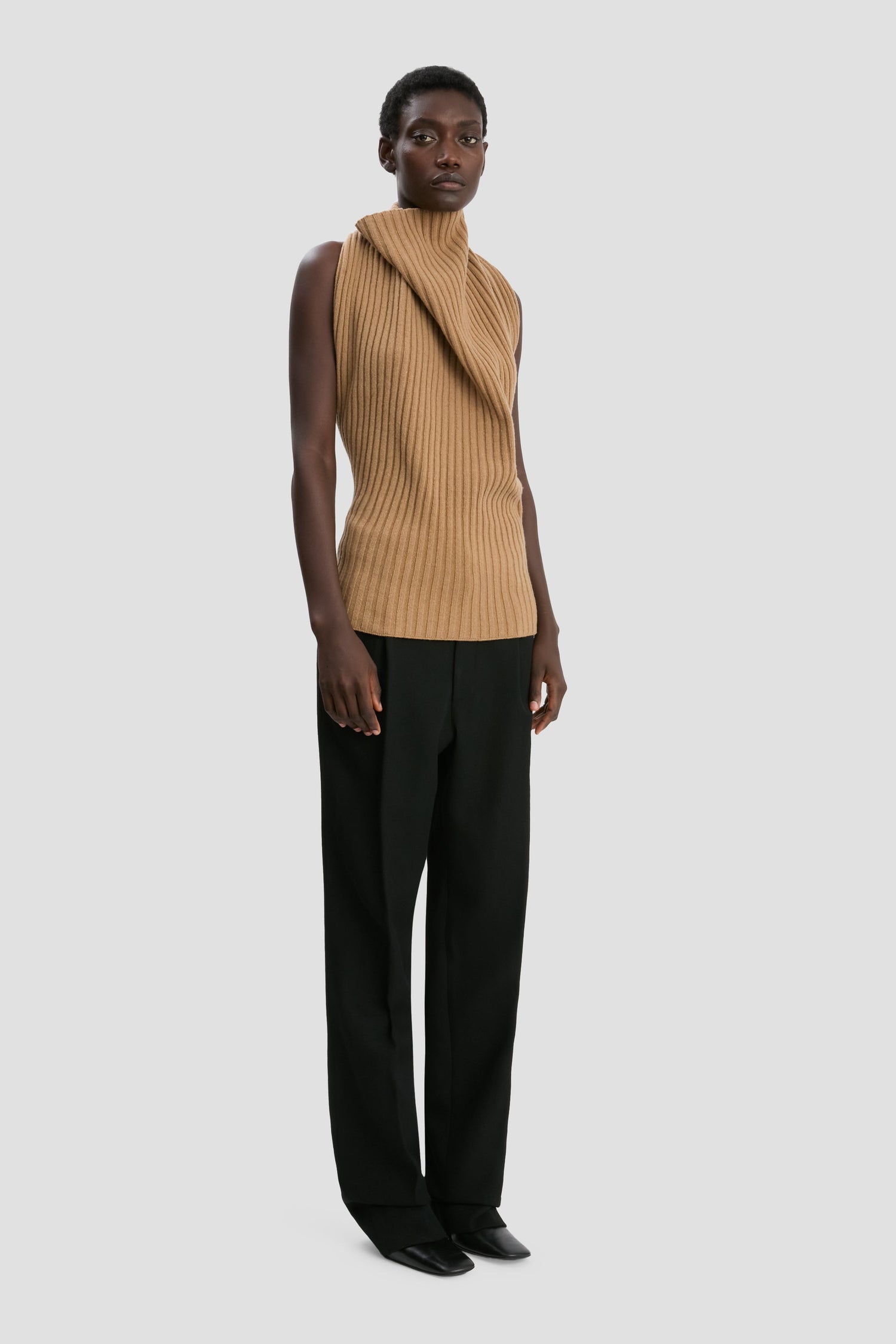 Draped Sleeveless Rib Top In Dark Camel