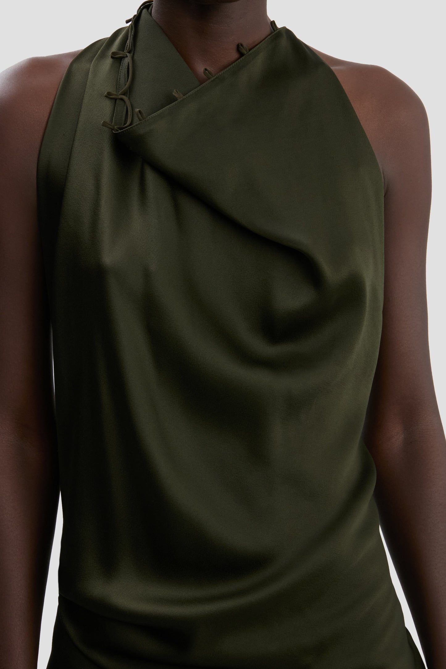 Rouleaux Detail Sleeveless Gown In Dark Olive