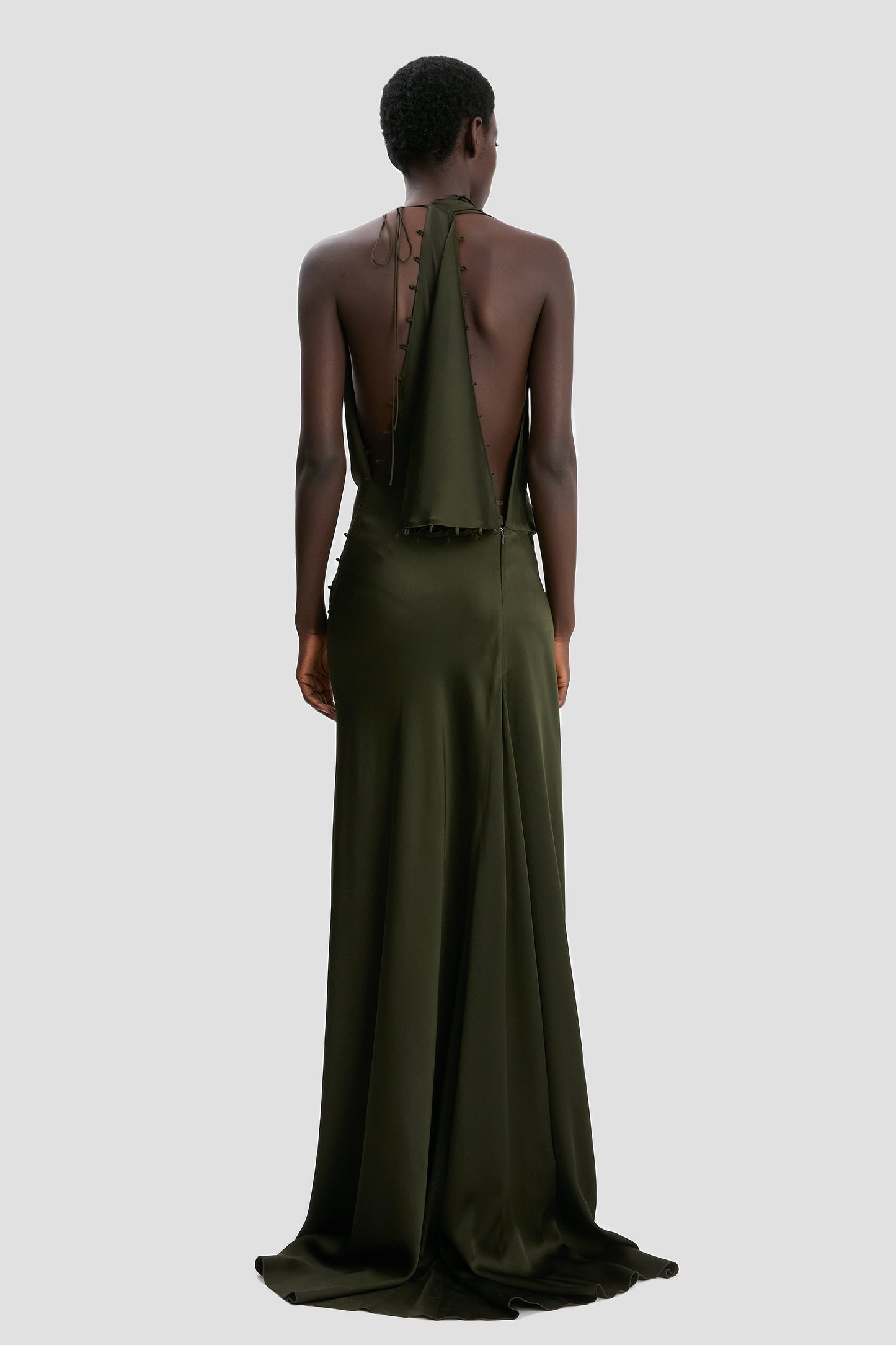 Rouleaux Detail Sleeveless Gown In Dark Olive