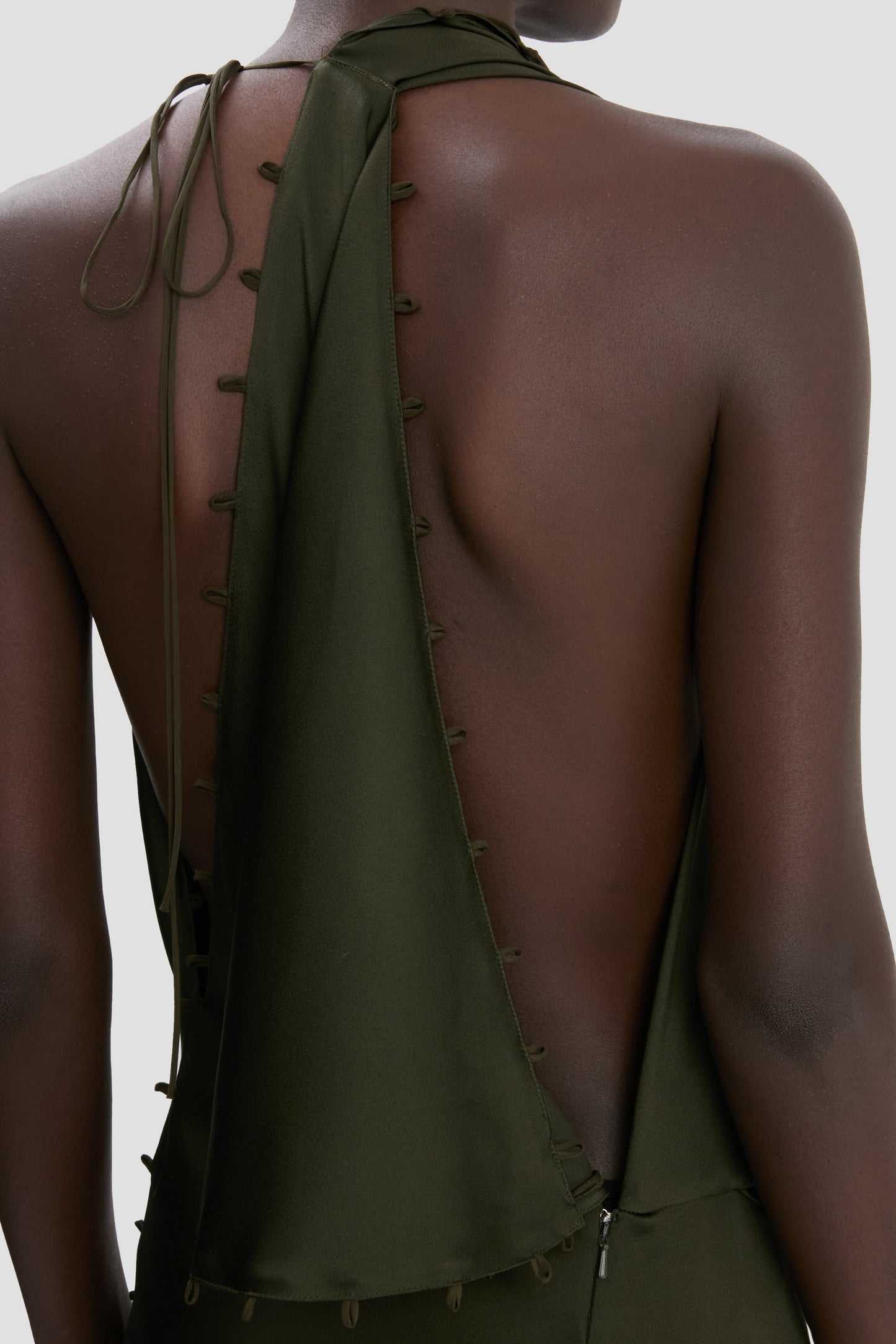Rouleaux Detail Sleeveless Gown In Dark Olive