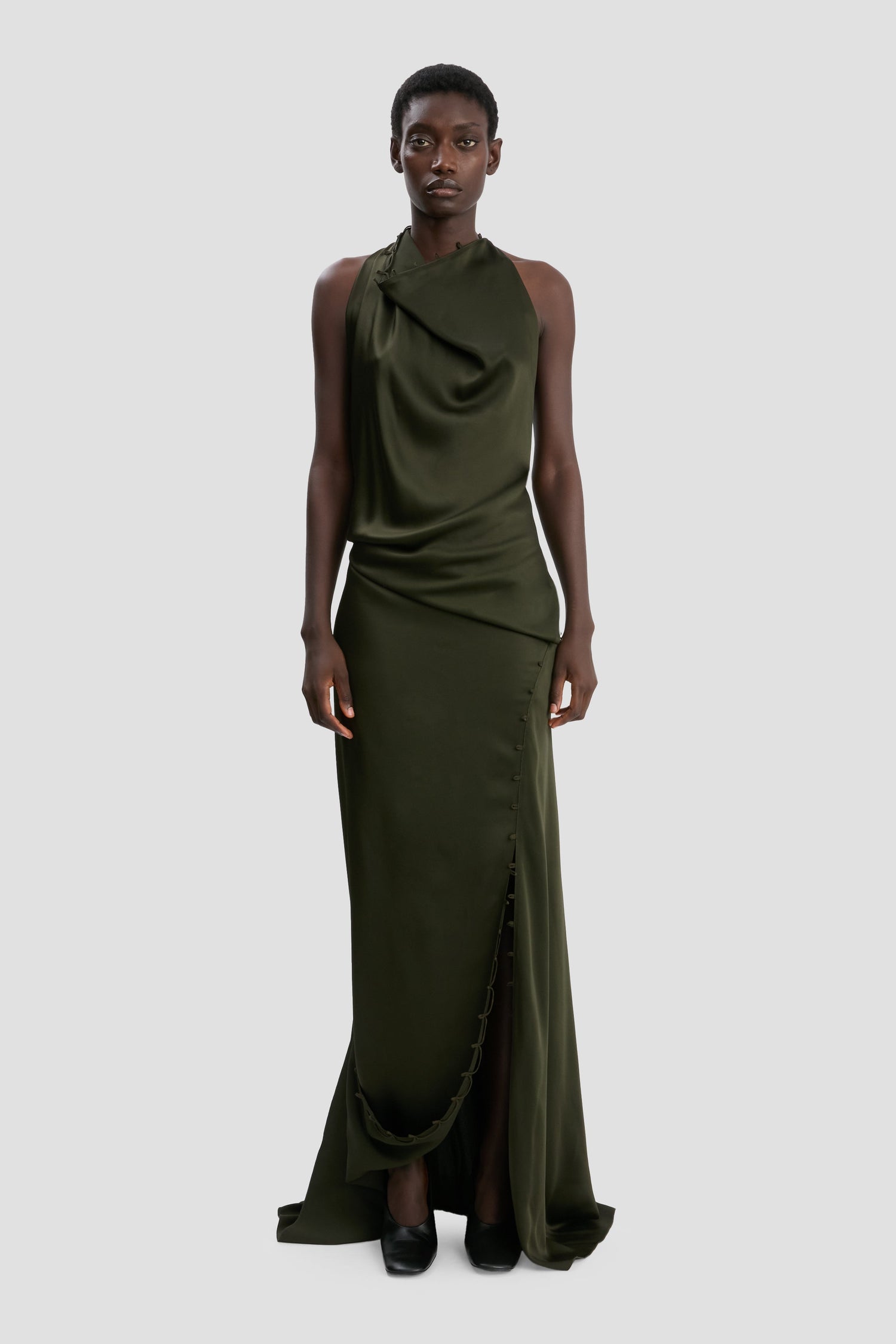 Rouleaux Detail Sleeveless Gown In Dark Olive