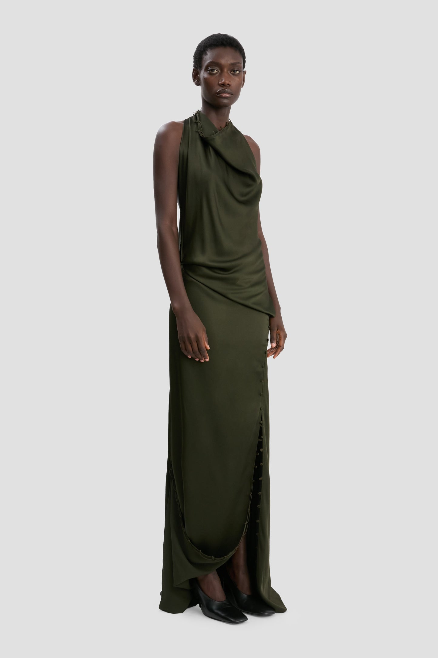 Rouleaux Detail Sleeveless Gown In Dark Olive