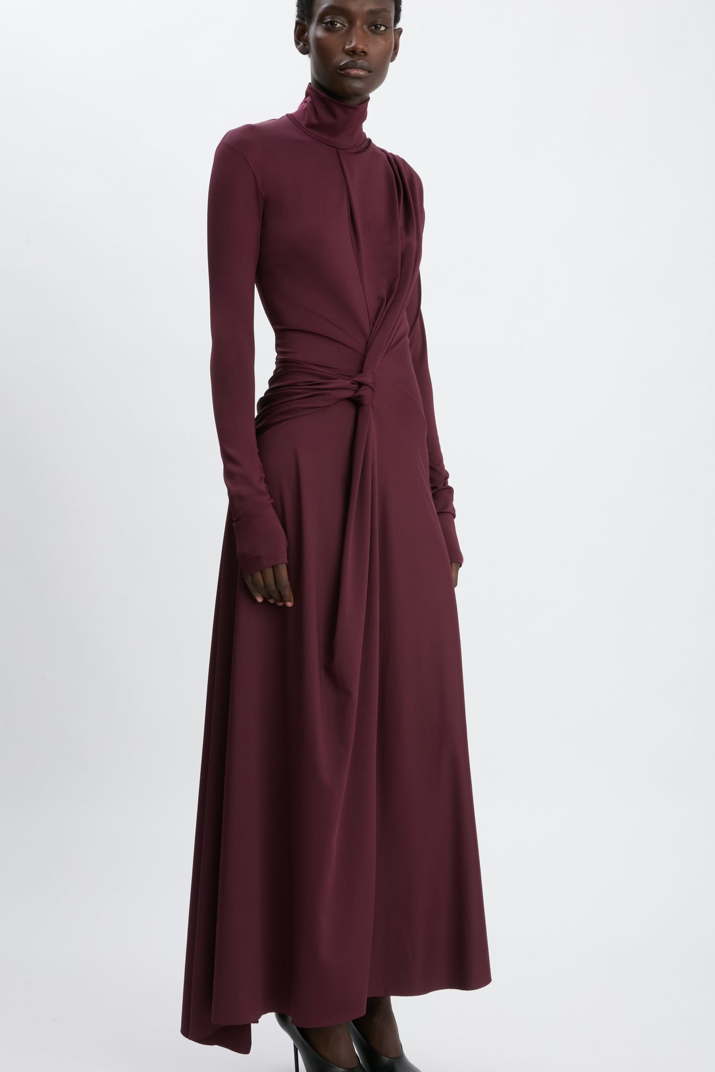 Twist Detail High Neck Midi Dress In Merlot