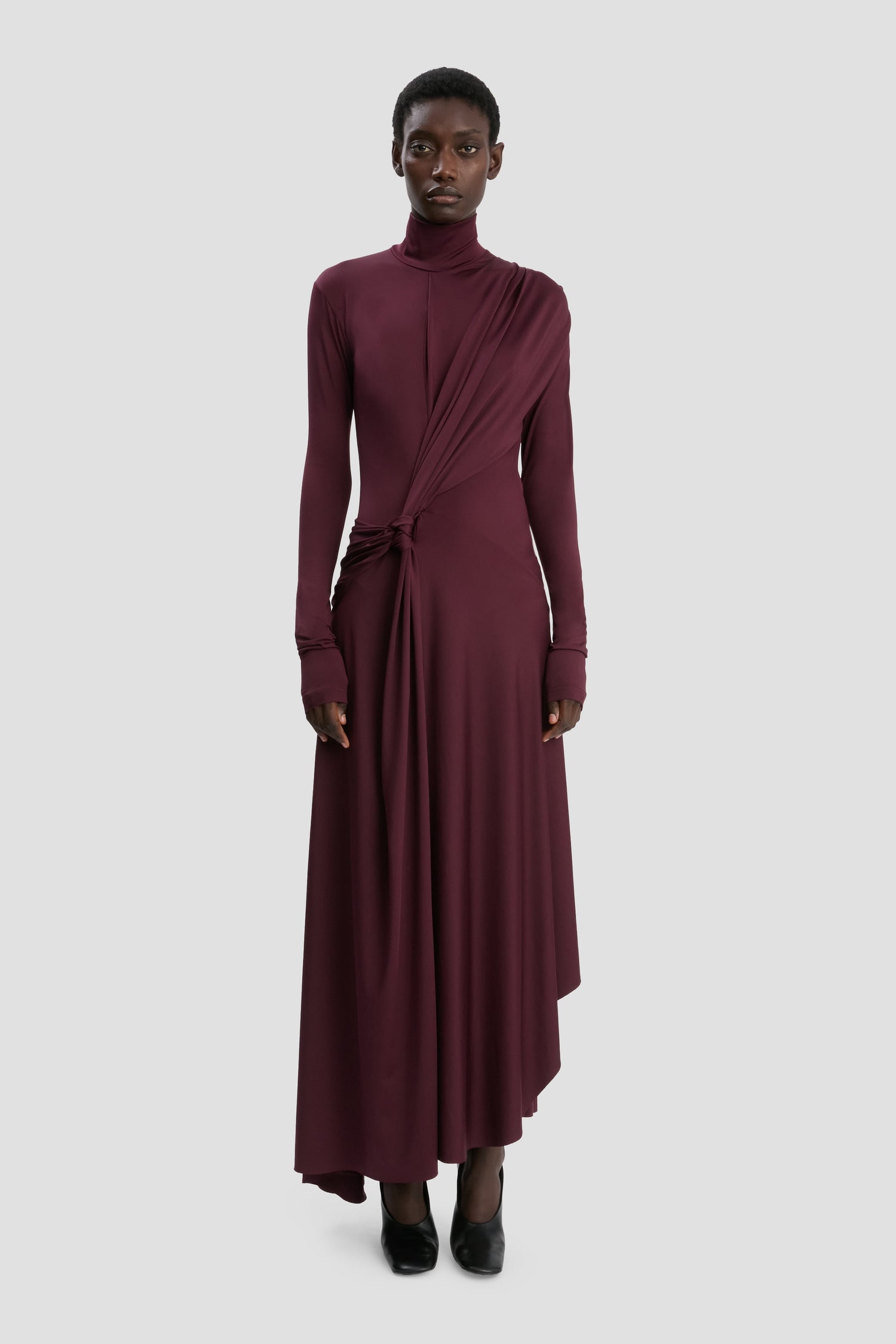 Twist Detail High Neck Midi Dress In Merlot