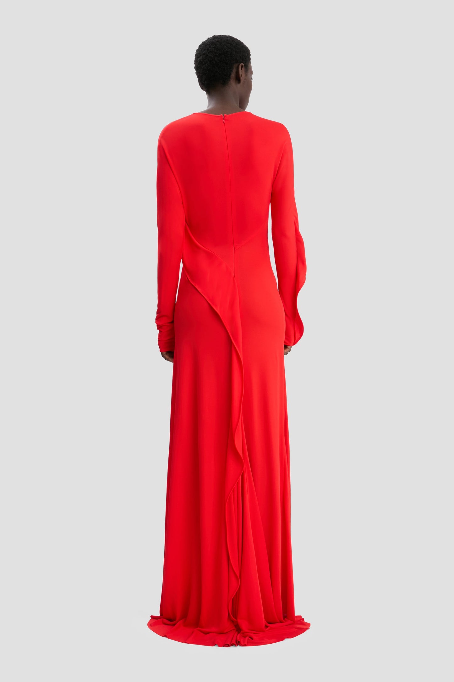 Long Sleeve Draped Jersey Gown In Cayenne