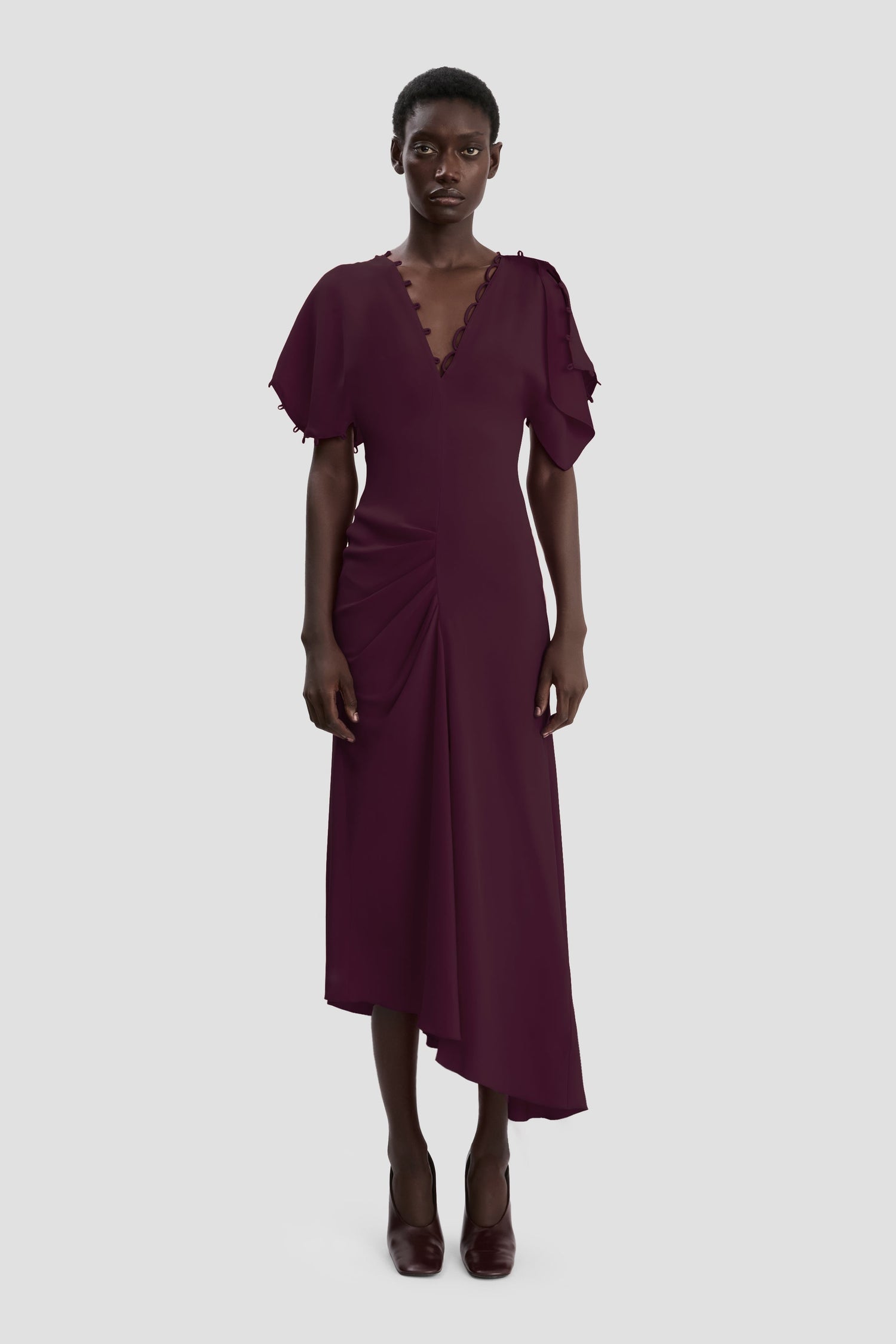 Robe Midi à Détails Rouleautés en Merlot