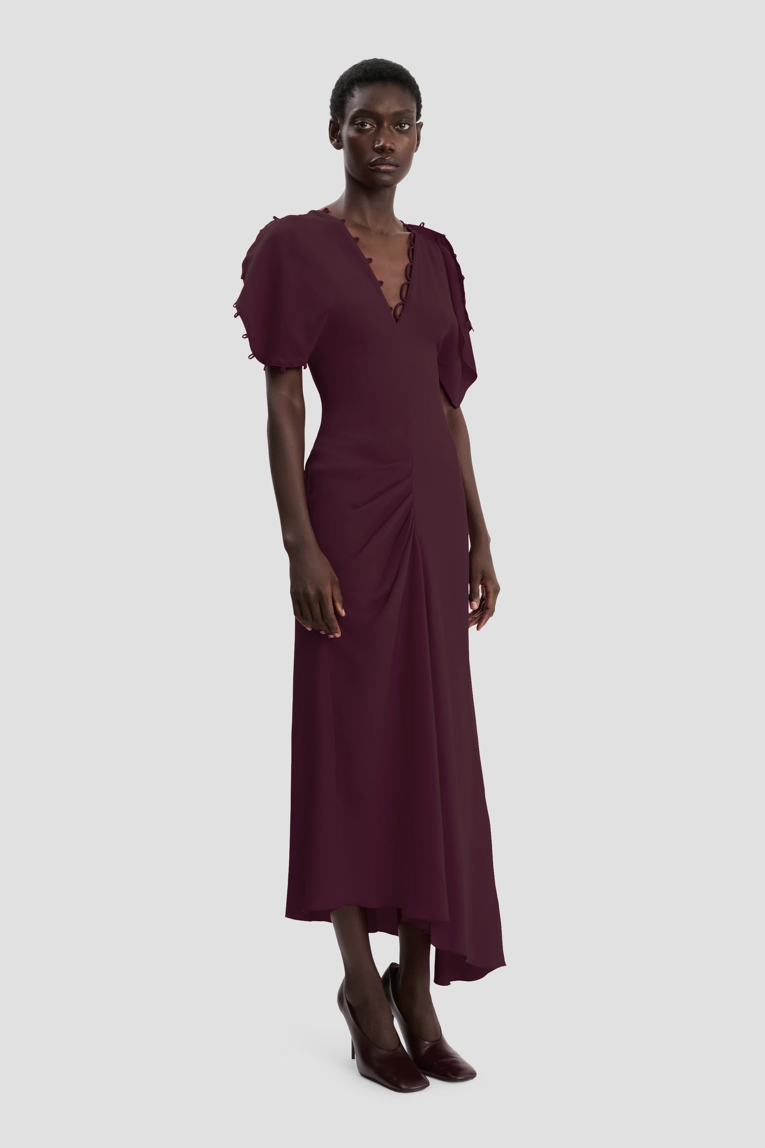 Robe Midi à Détails Rouleautés en Merlot
