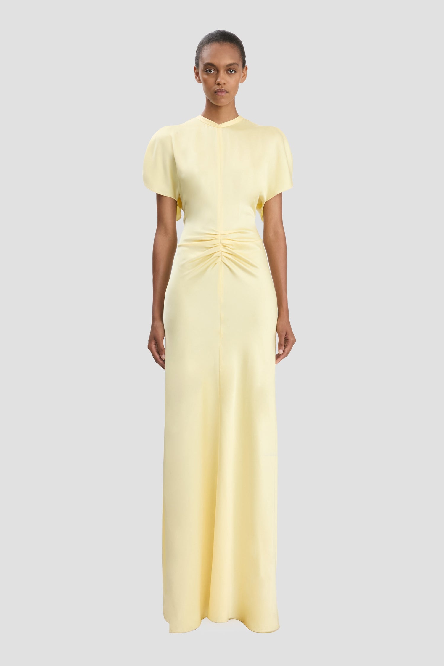 Gathered Waist Floor-Length Dress In Daffodil Yellow