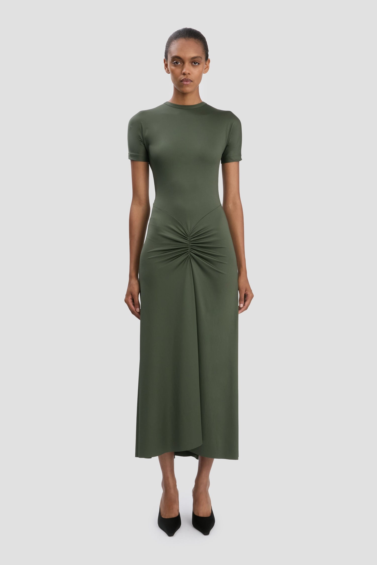 Gathered Waist T-Shirt Midi Dress In Oregano