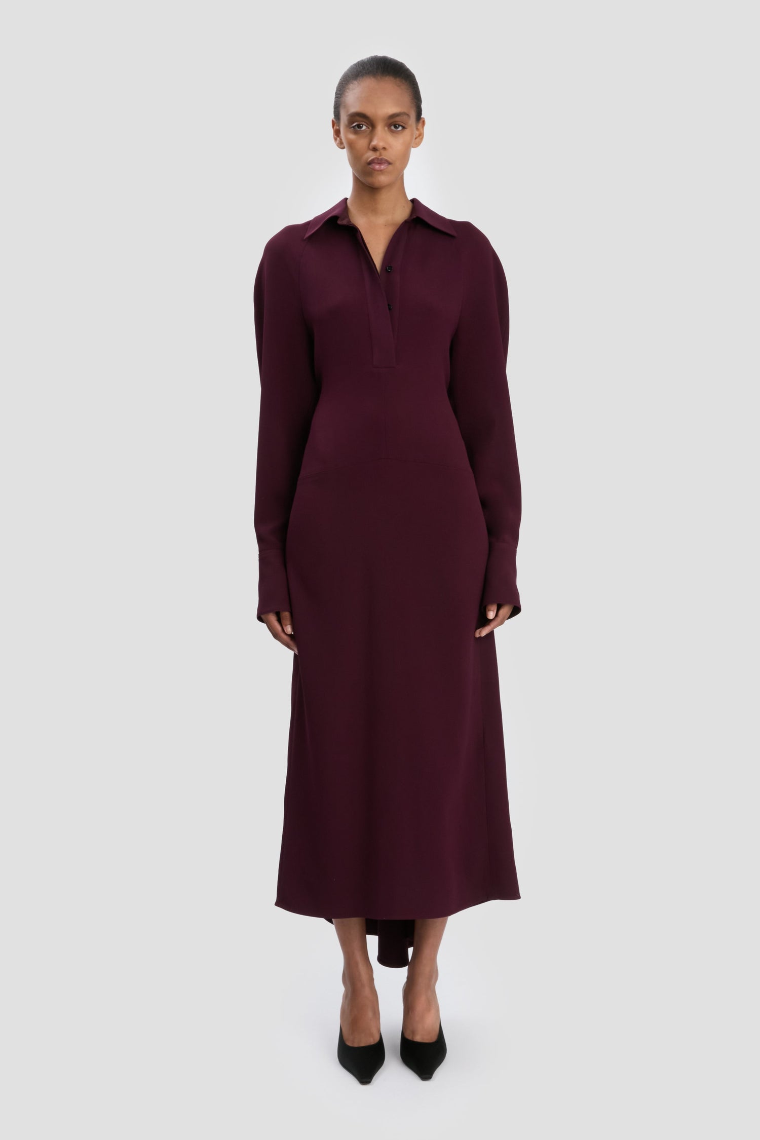 Long Sleeve Polo Collar Midi Dress In Merlot