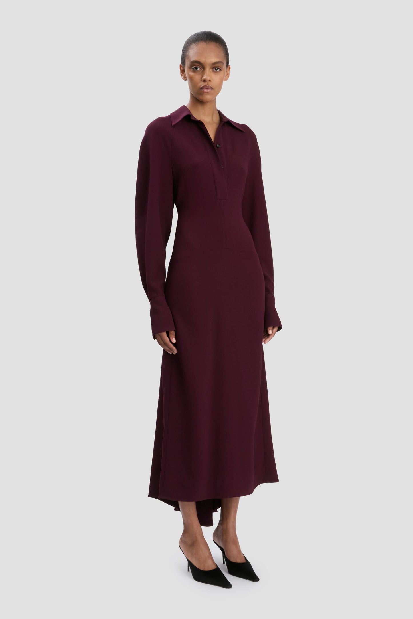 Long Sleeve Polo Collar Midi Dress In Merlot