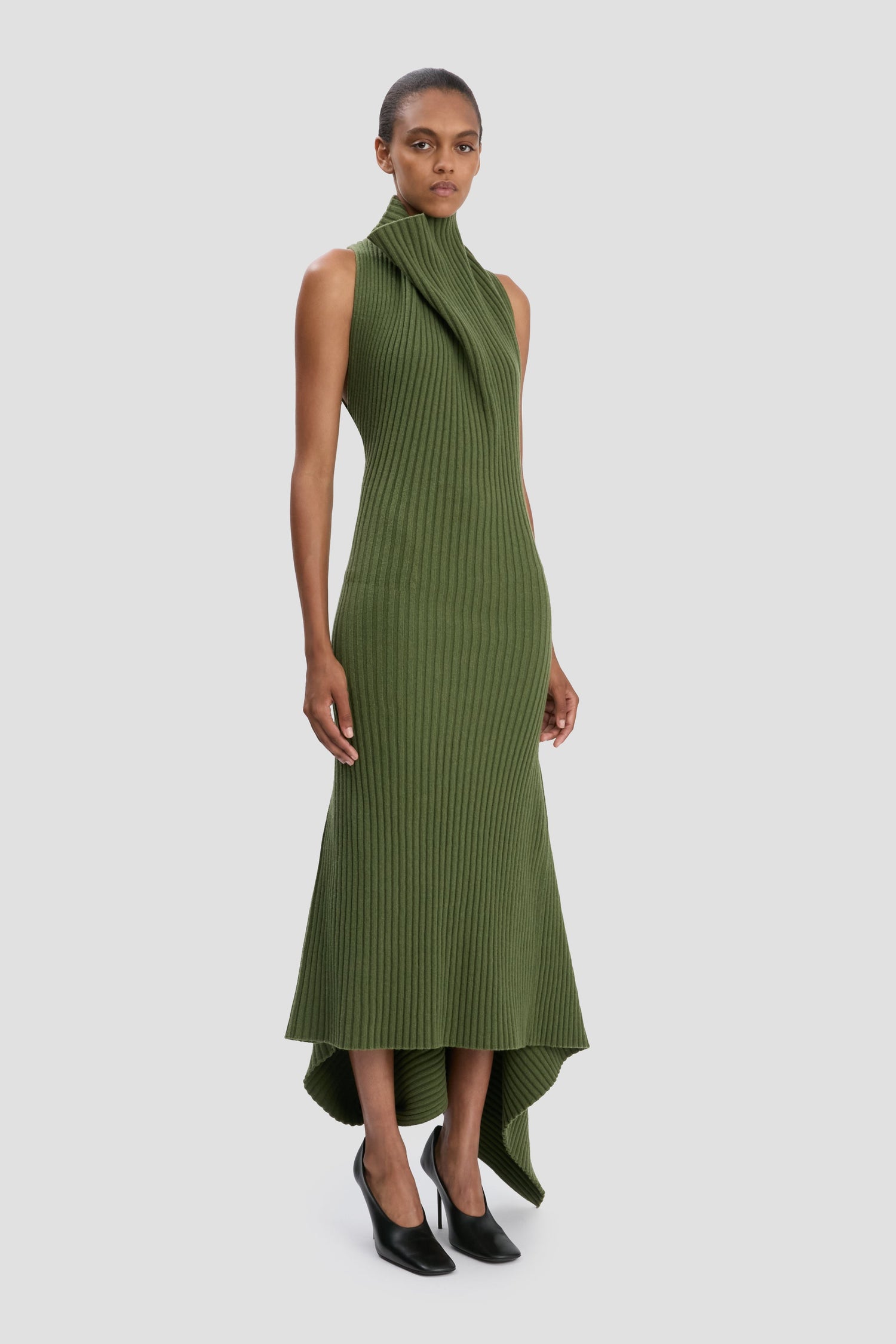 Draped Sleeveless Rib Midi Dress In Oregano