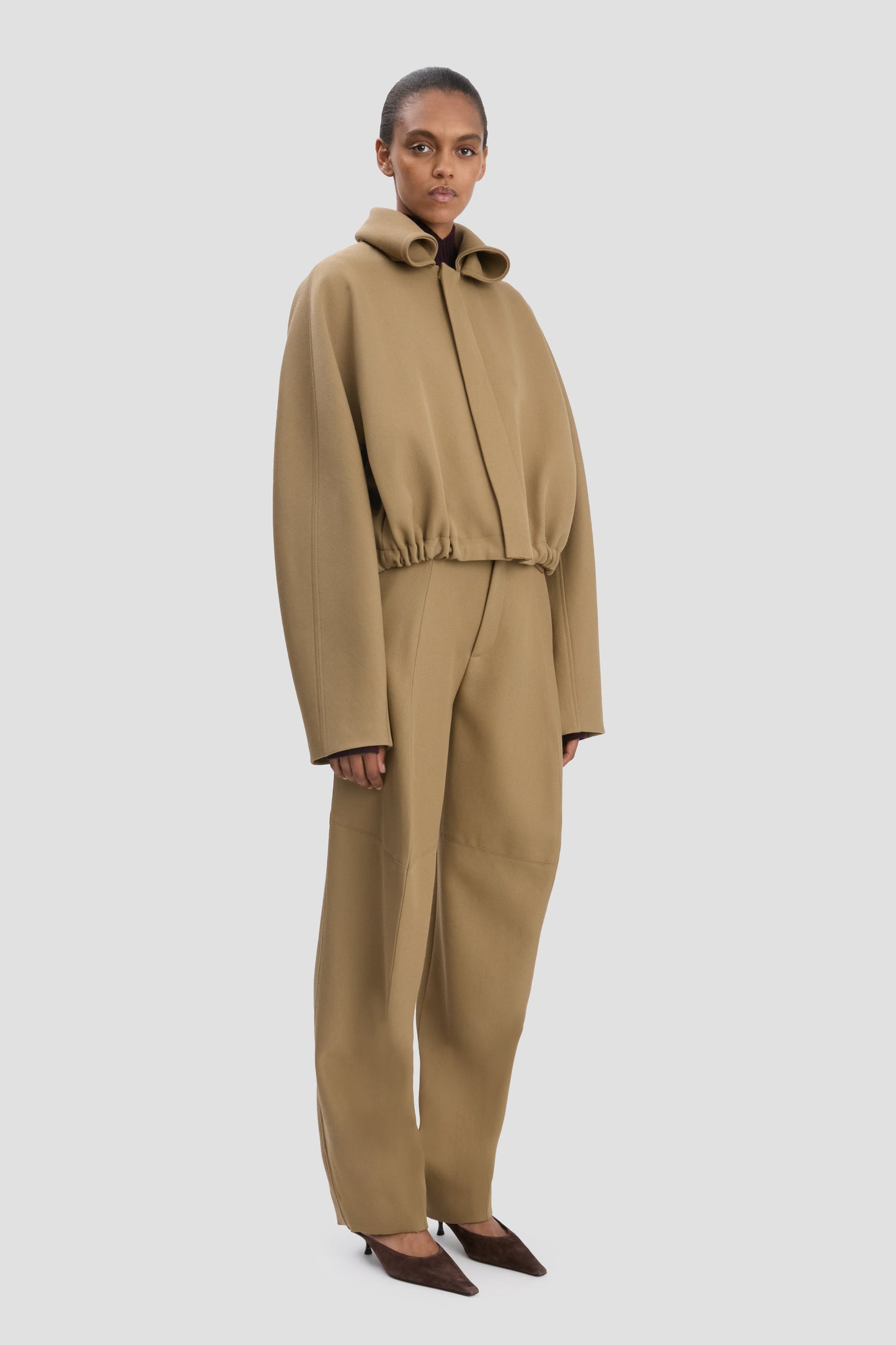 Oversized Roll Neck Bomber Jacket In Dark Camel