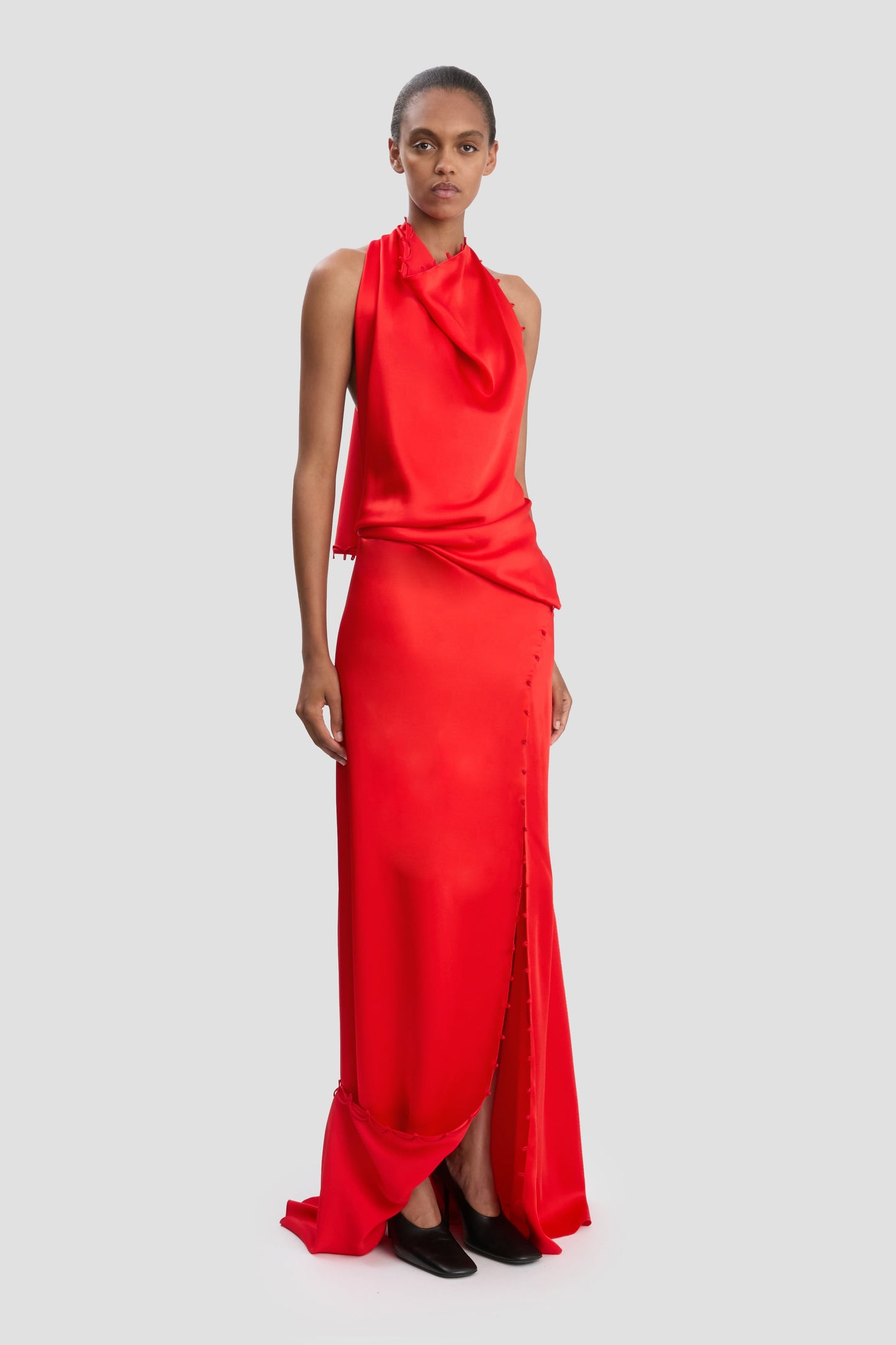Rouleaux Detail Sleeveless Gown In Cayenne