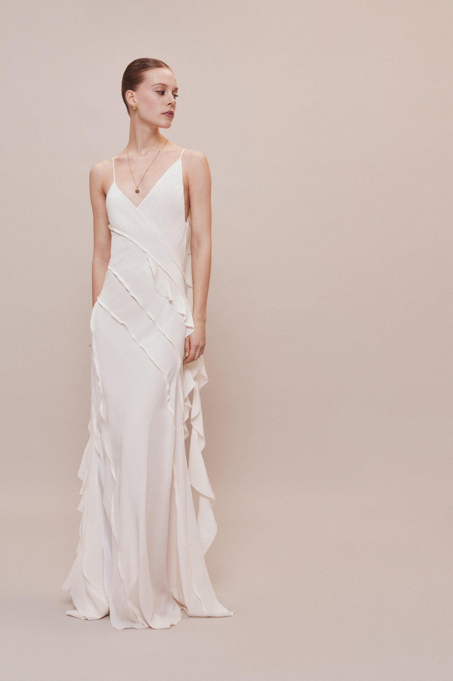 Asymmetric Bias Frill Dress In Ivory