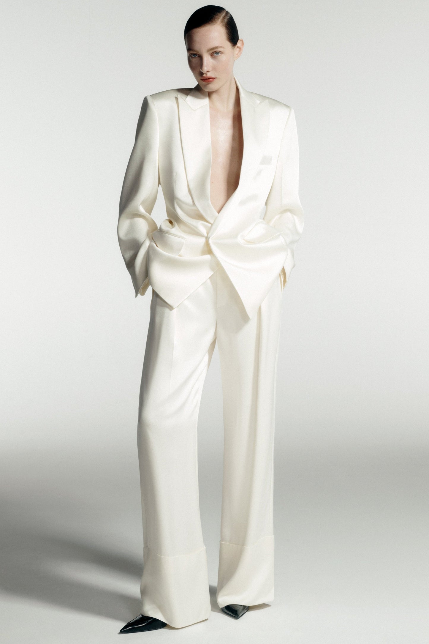 Wide Leg Turn-Up Trouser In Ivory