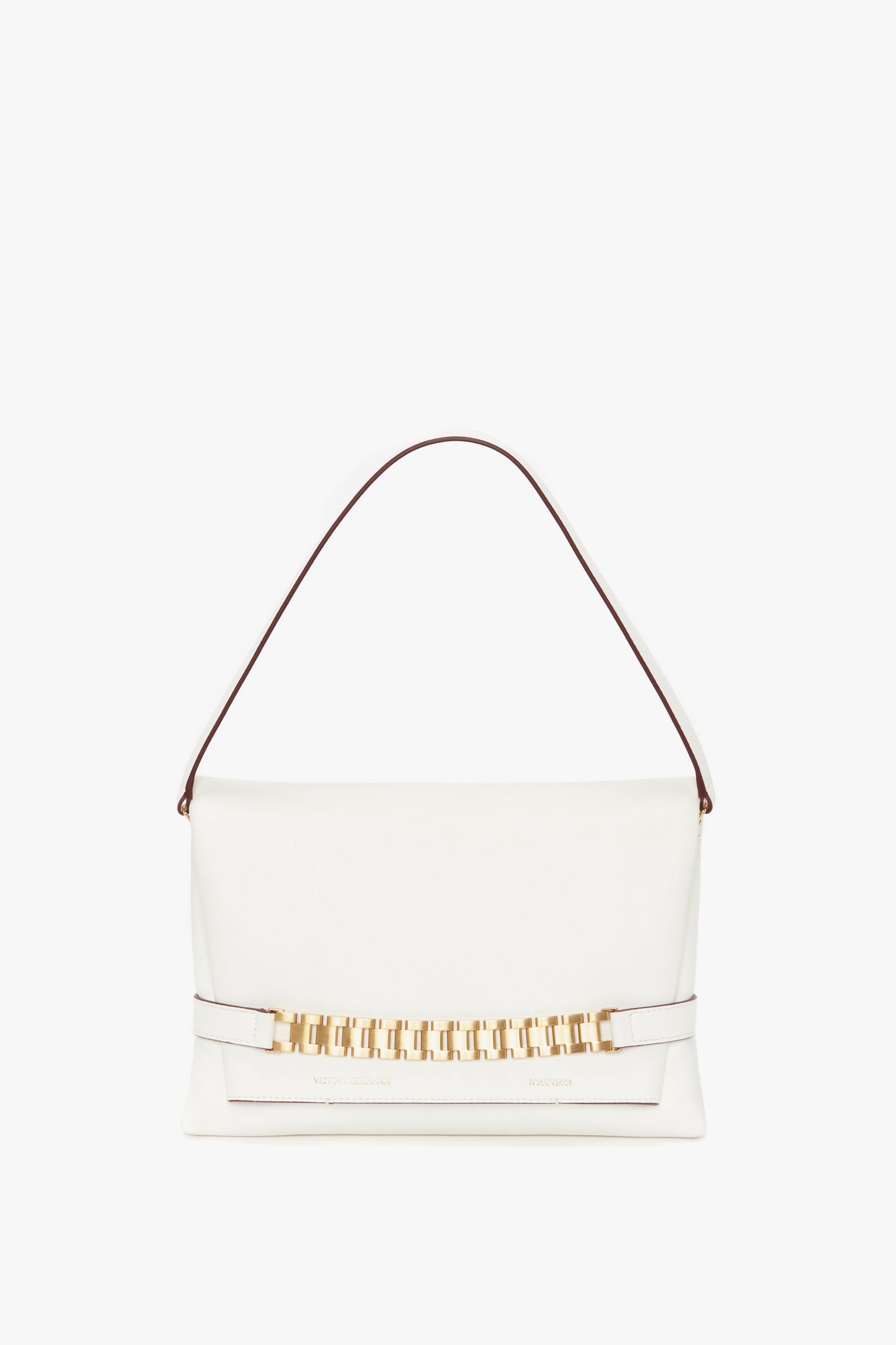 A tactile Chain Pouch Bag With Strap In White Leather by Victoria Beckham, featuring a single handle and a horizontal gold-tone chain detail on the front, with an optional detachable strap for versatile carrying.