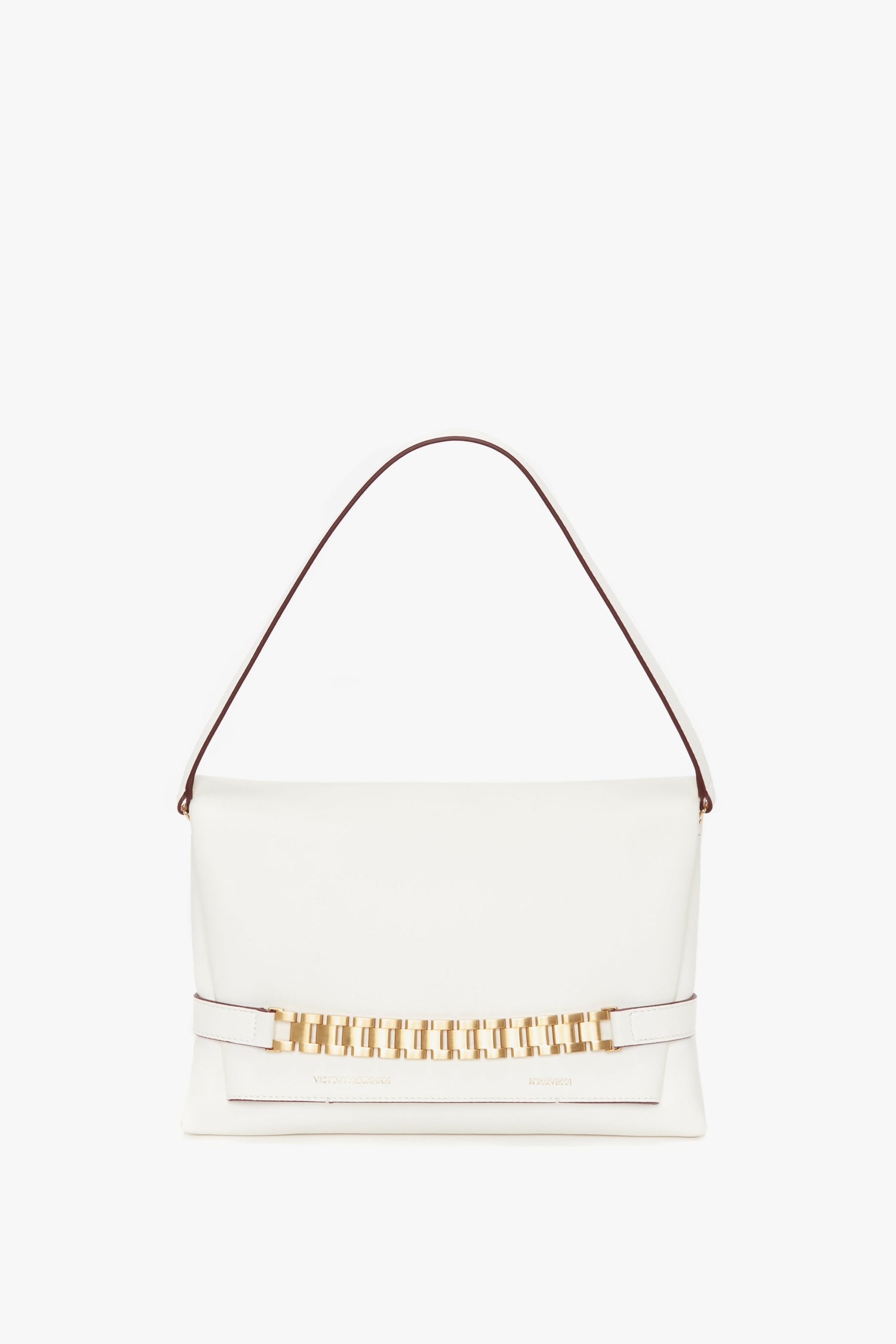A tactile Chain Pouch Bag With Strap In White Leather by Victoria Beckham, featuring a single handle and a horizontal gold-tone chain detail on the front, with an optional detachable strap for versatile carrying.