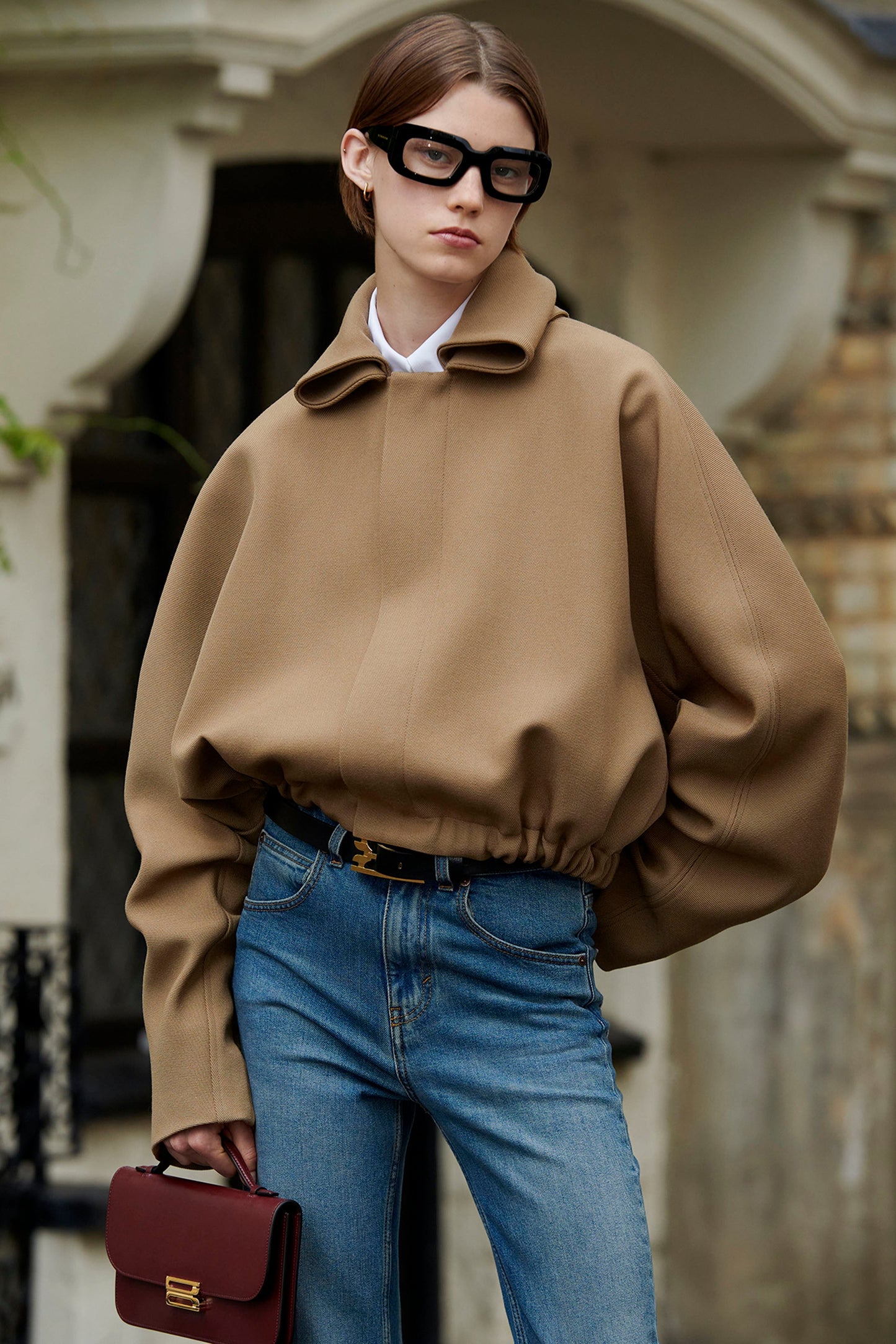 Oversized Roll Neck Bomber Jacket In Dark Camel