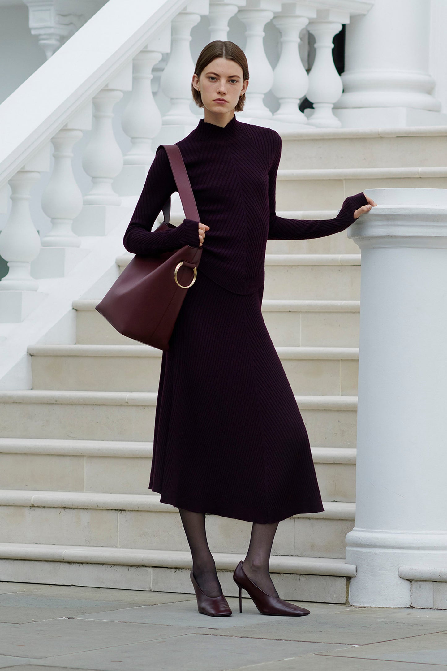 Ribbed Knit Midi Skirt In Merlot