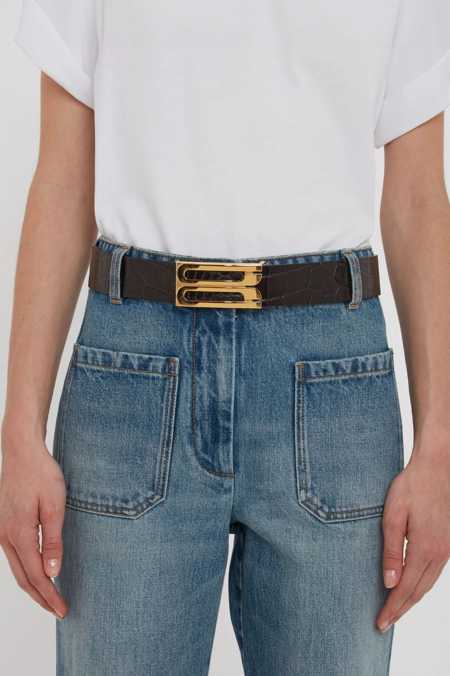 Jumbo Dorian Belt In Espresso Croc Embossed Calf Leather