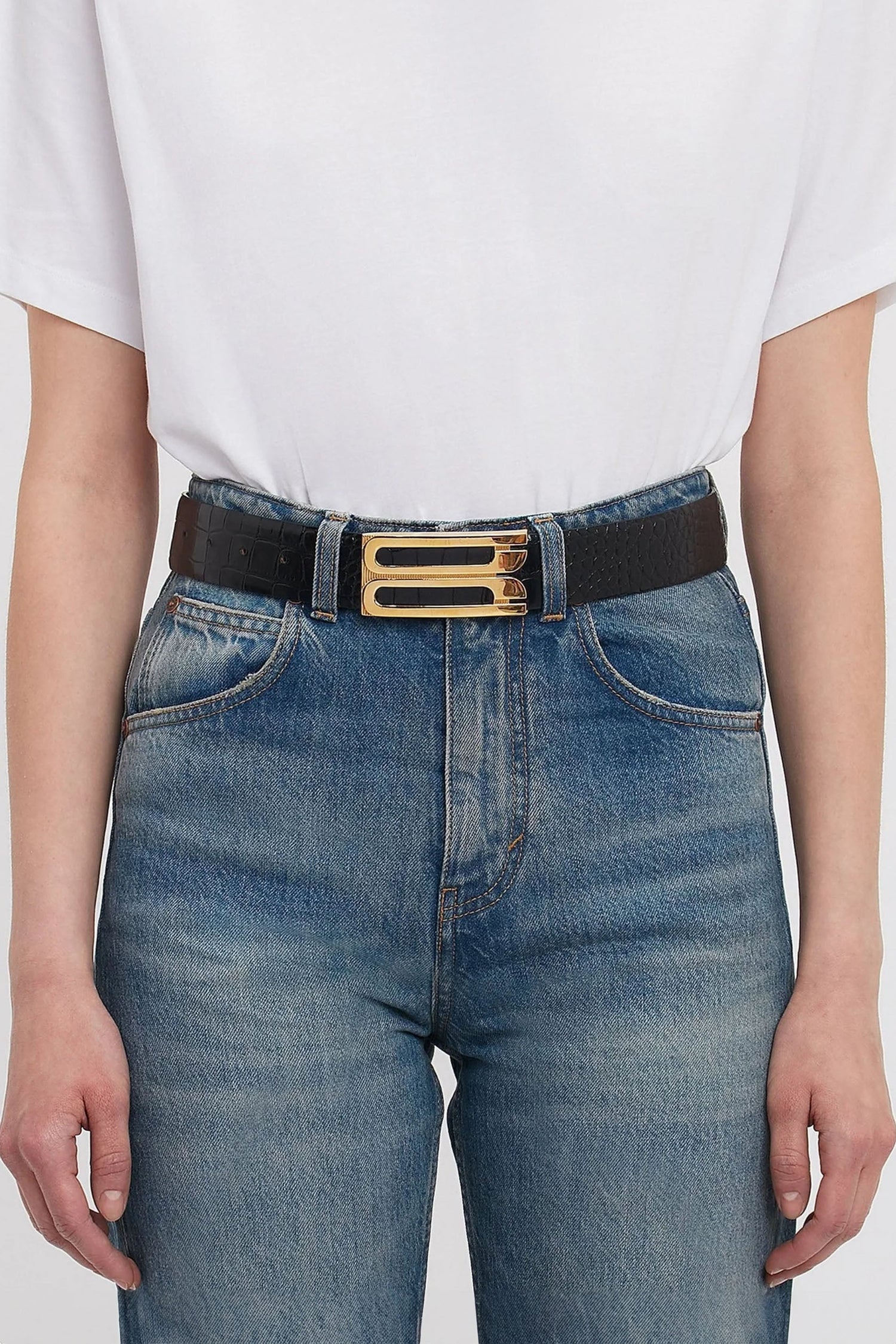 Jumbo Dorian Belt In Black Croc Embossed Calf Leather