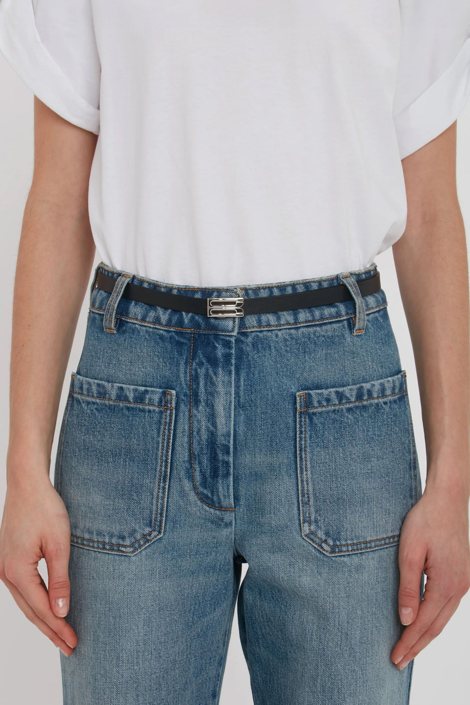 Silver Buckle Micro Dorian Belt In Black Grained Leather