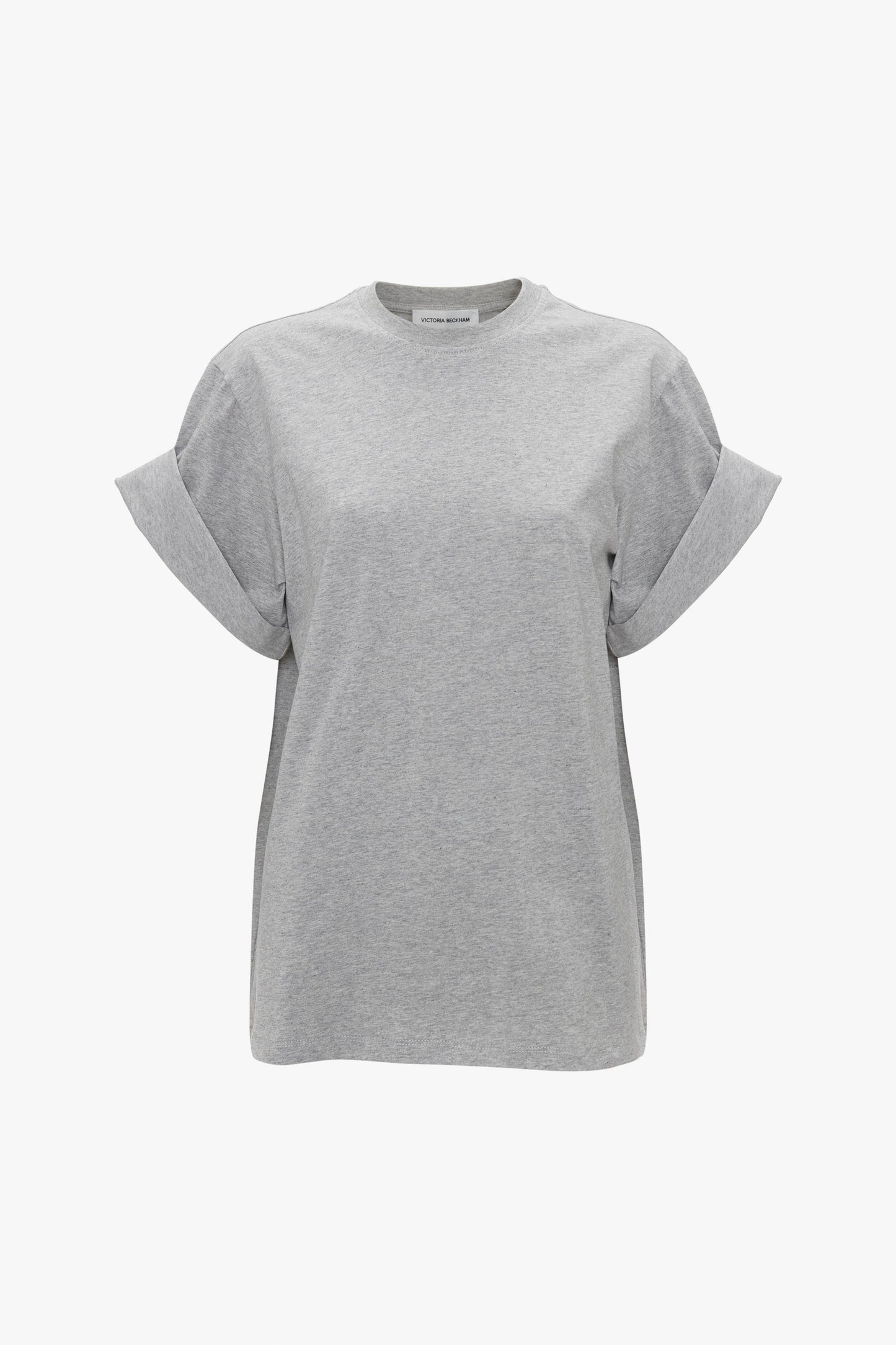 A plain, light grey Asymmetric Relaxed Fit T-Shirt In Grey Marl by Victoria Beckham in organic cotton with short rolled sleeves against a white background, reminiscent of Victoria Beckham's relaxed fitted style.