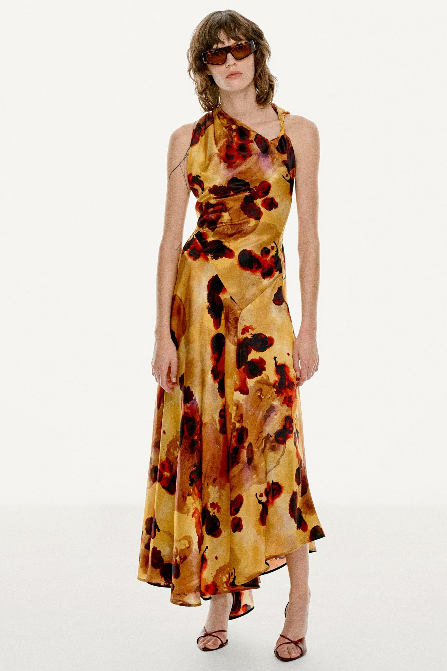 Sleeveless Draped Midi Dress In Amber Floral Print