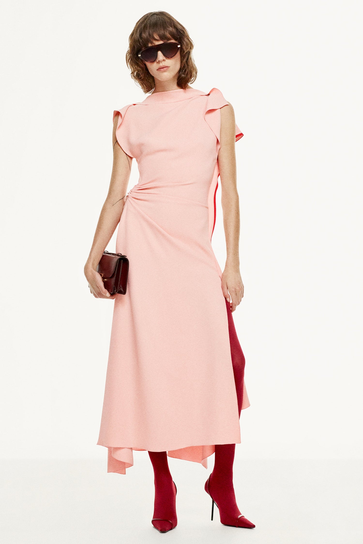 Drape Sleeve Midi Dress In Antique Pink