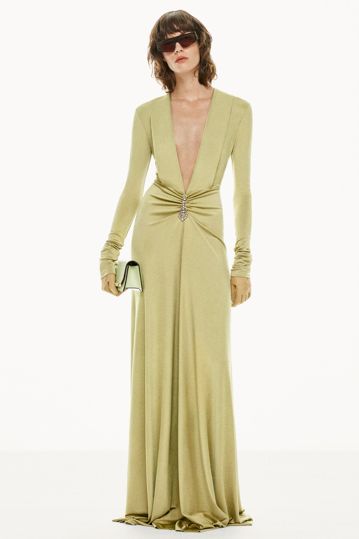 Embellished Long Sleeve Deep V-Neck Gown In Pistachio