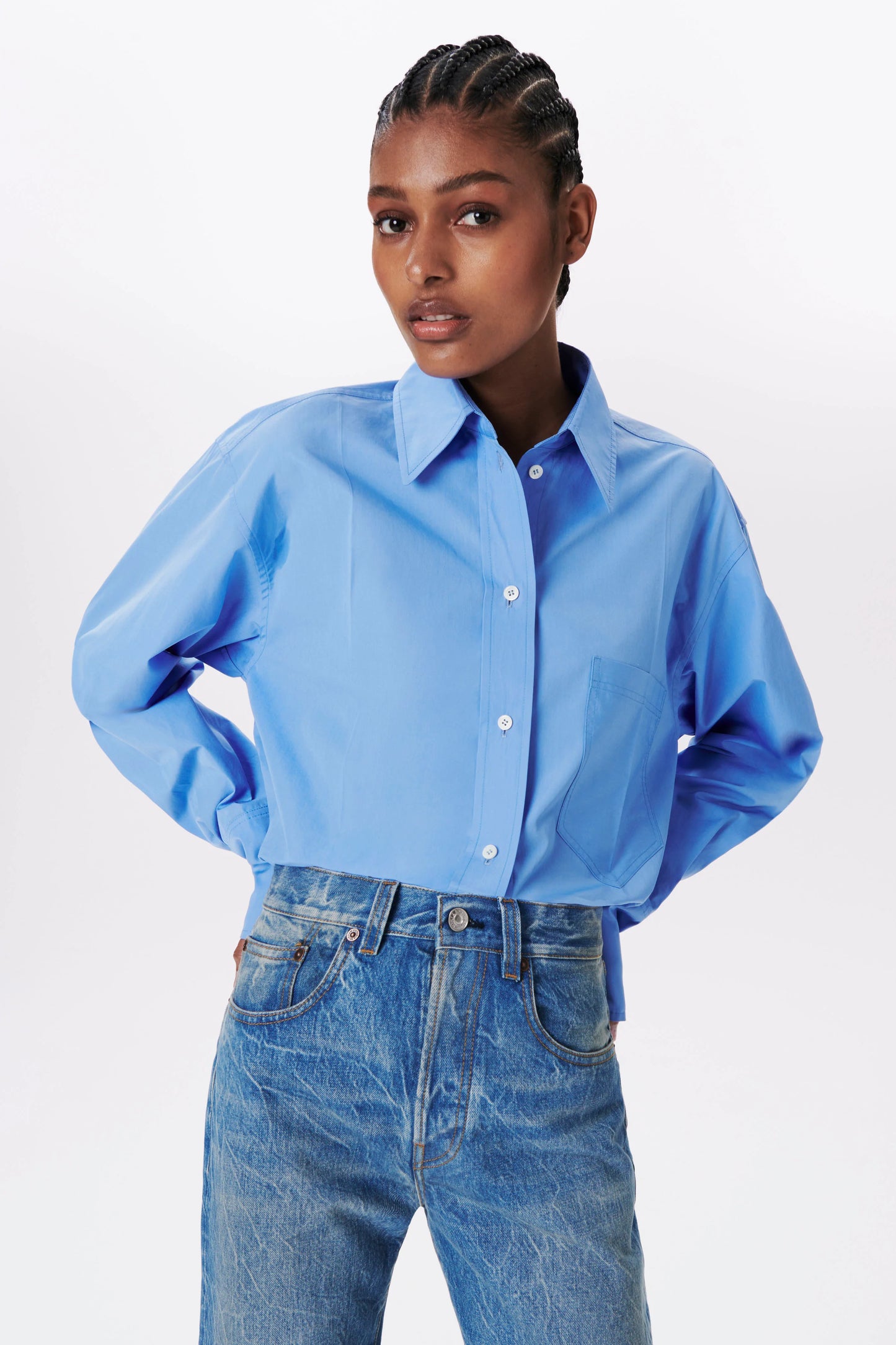 Cropped Long Sleeve Shirt In Oxford Blue