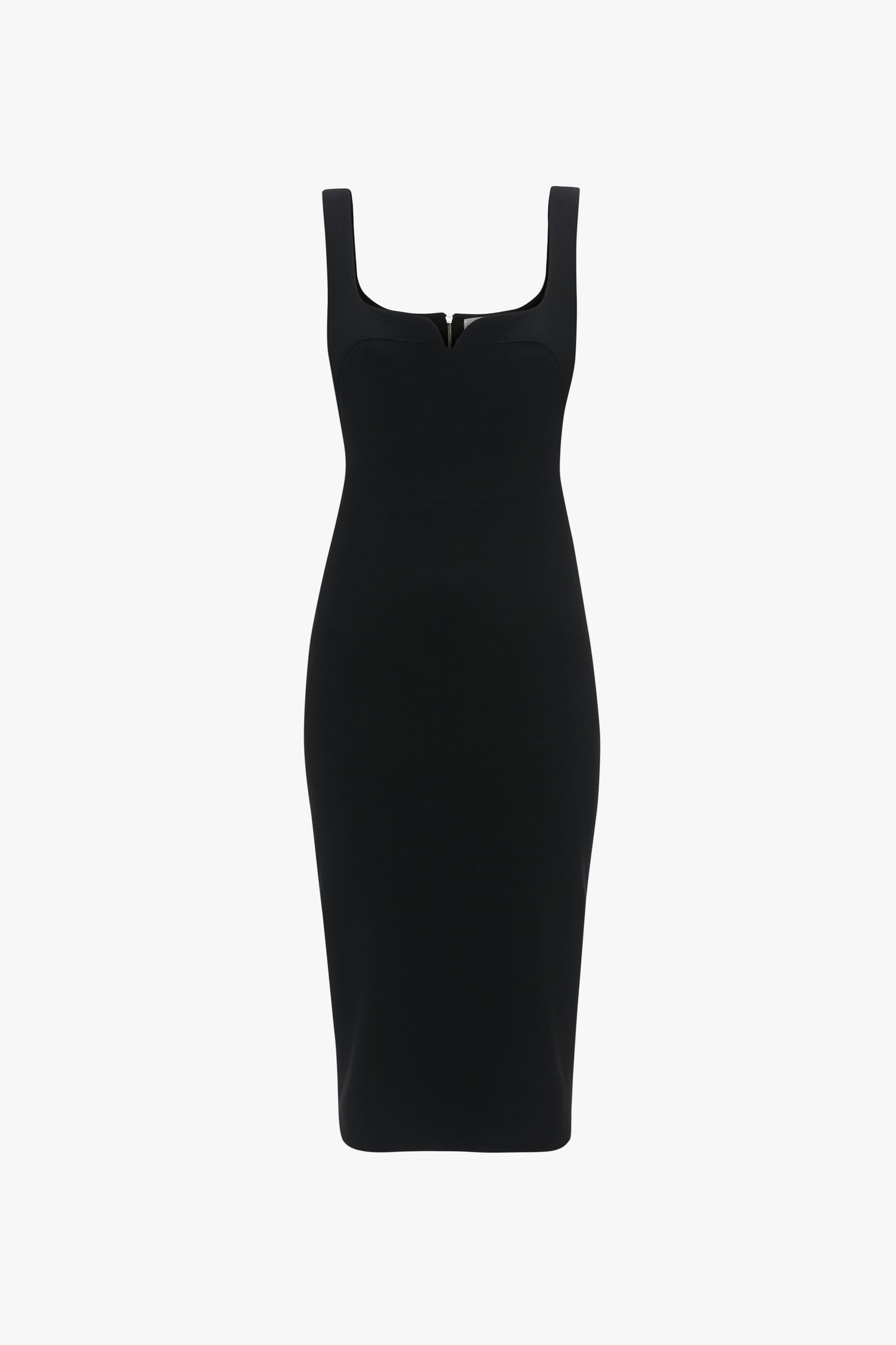 A Sleeveless Fitted T-Shirt Dress In Black by Victoria Beckham crafted from double wool crepe with wide shoulder straps and a sweetheart neckline.