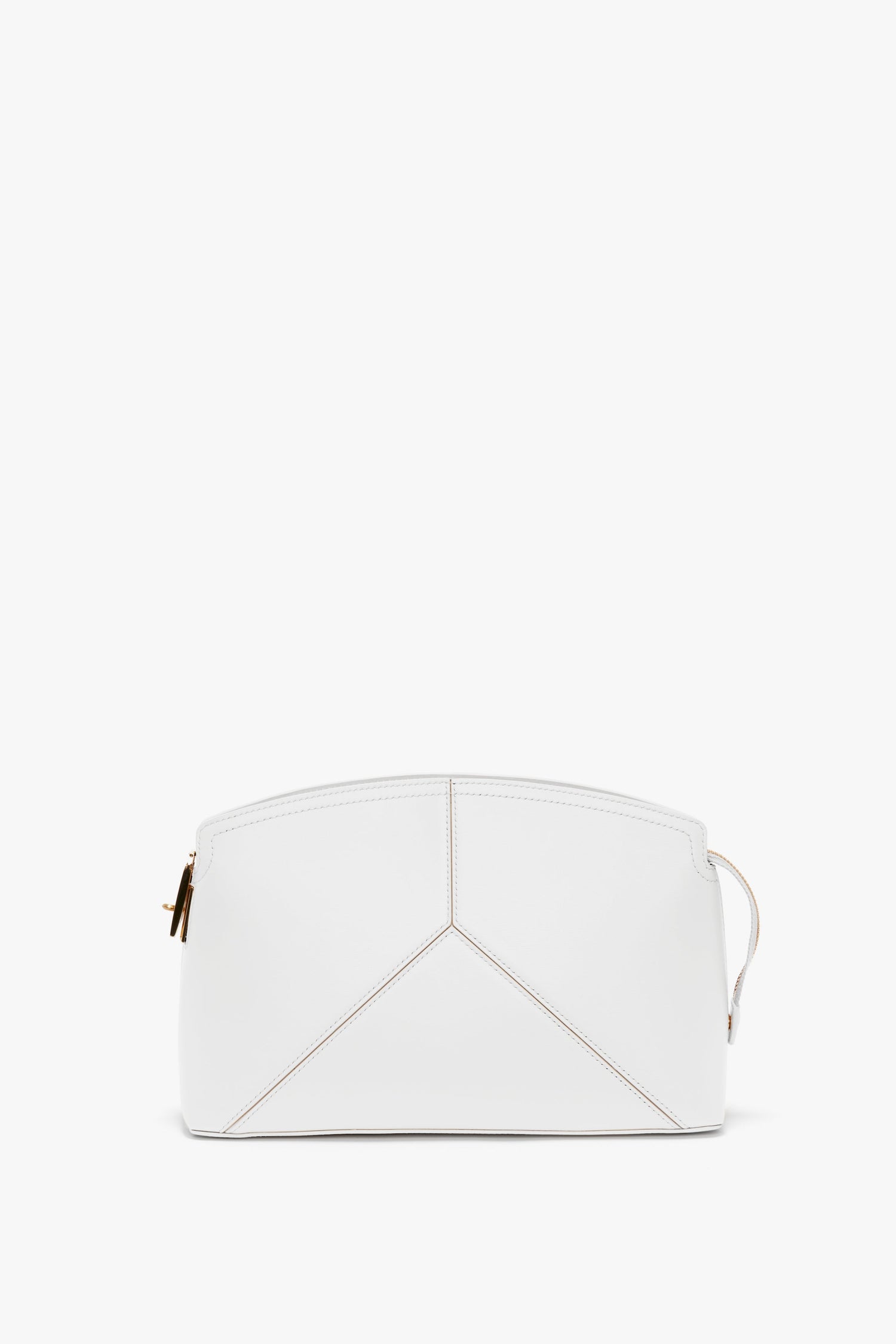 A small, white calf leather clutch with a structured design, featuring minimal stitching and a side zipper is the Exclusive Victoria Clutch Bag In White Leather by Victoria Beckham.