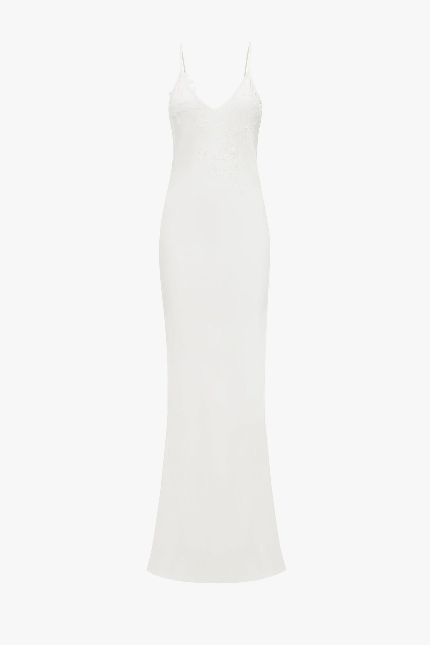 A simple white, sleeveless, slim-fit evening dress with lace detailing on the upper part, displayed against a white background. 
would become:
An Exclusive Lace Detail Floor-Length Cami Dress In Ivory by Victoria Beckham, displayed against a white background.