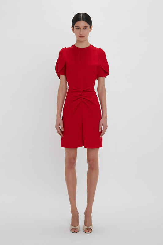 Gathered Waist Mini Dress In Carmine