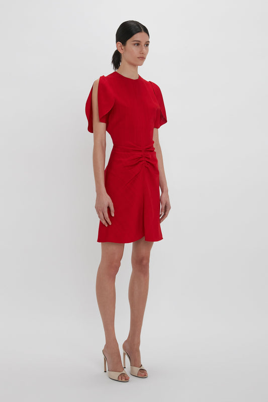 Gathered Waist Mini Dress In Carmine