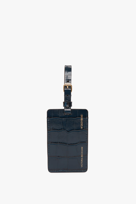 Luggage Tag In Midnight Blue Croc Embossed Leather