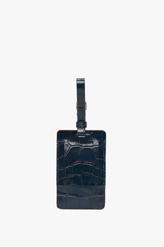 Luggage Tag In Midnight Blue Croc Embossed Leather