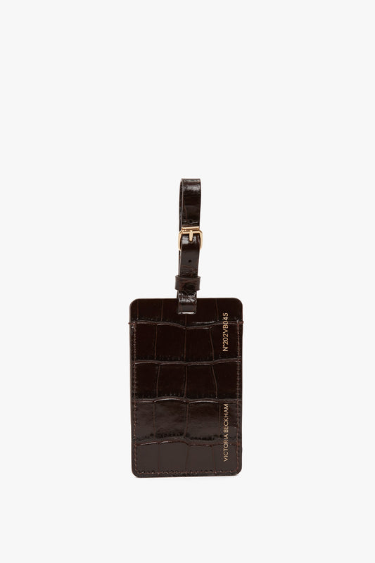 Luggage Tag In Espresso Croc Embossed Leather