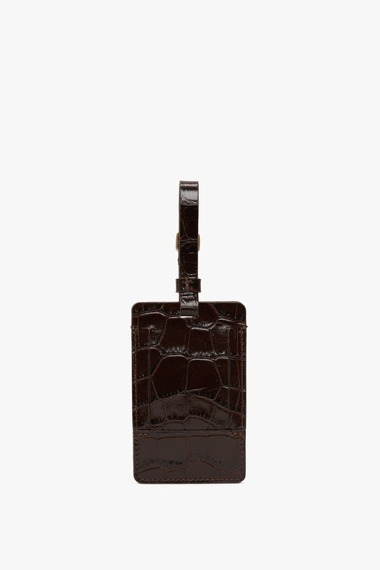 Luggage Tag In Espresso Croc Embossed Leather