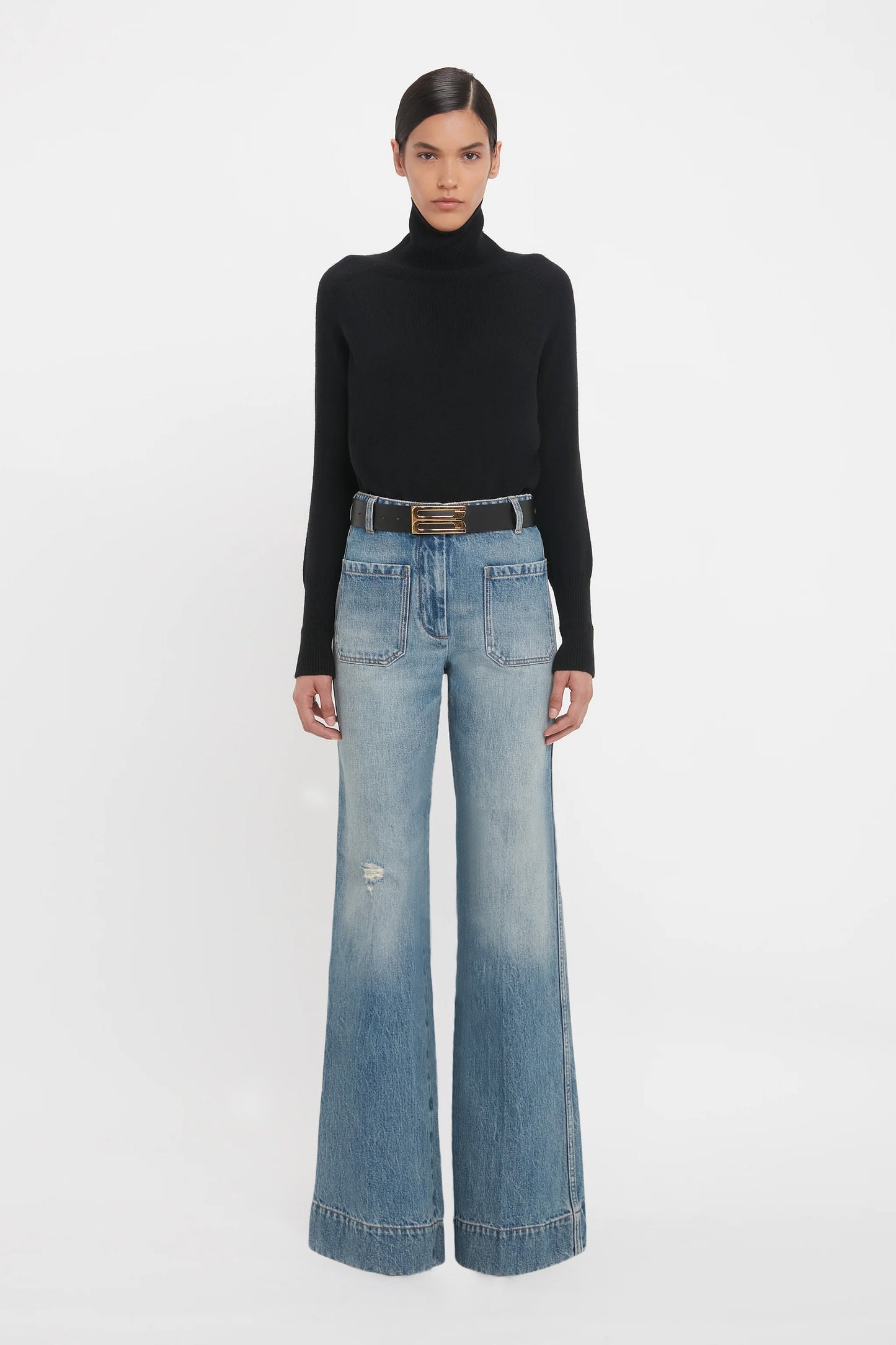 Alina High Waisted Long Jean In Worn Blue Wash