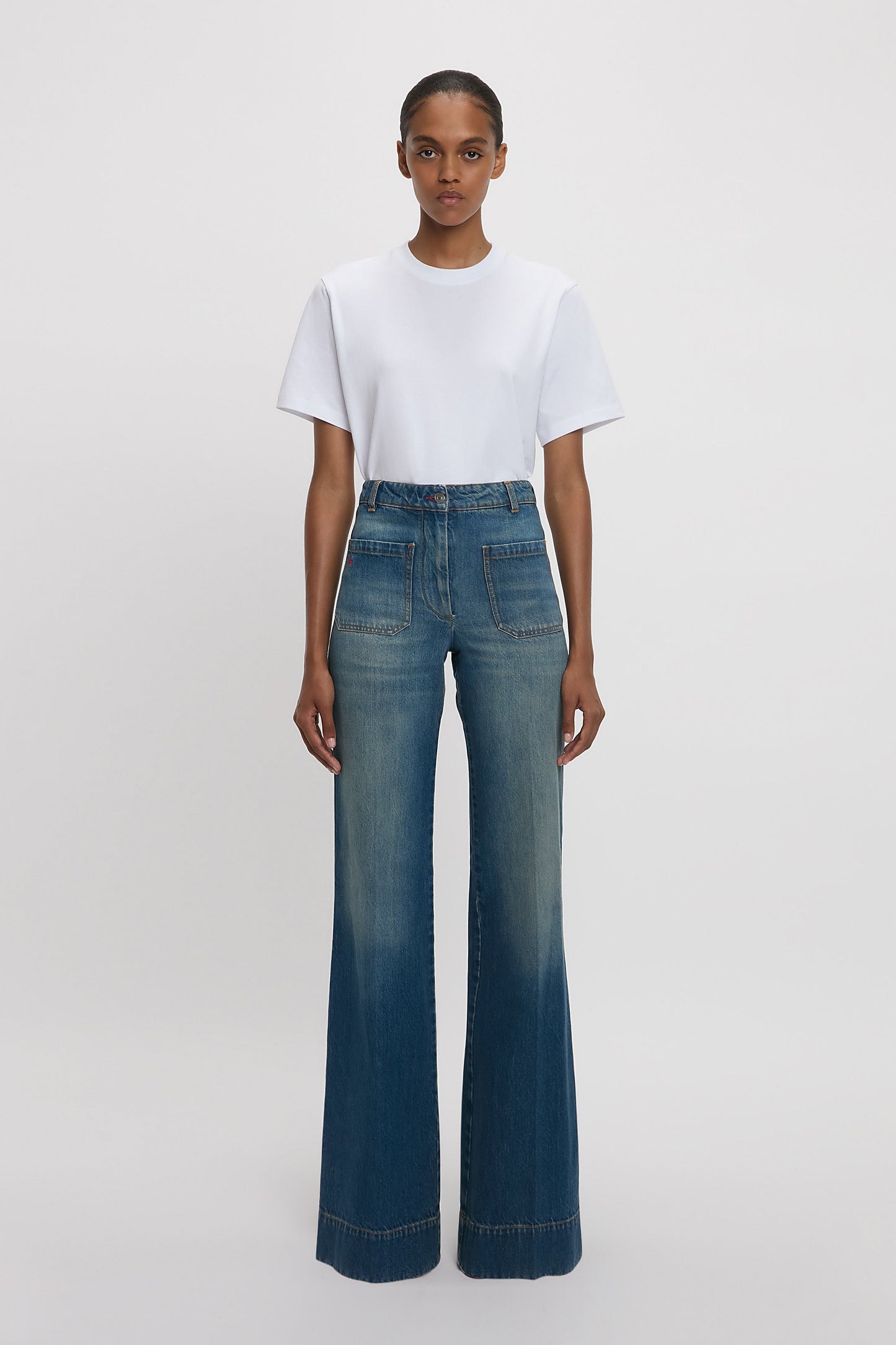 Alina High Waisted Long Stretch Jean In Mid Blue
