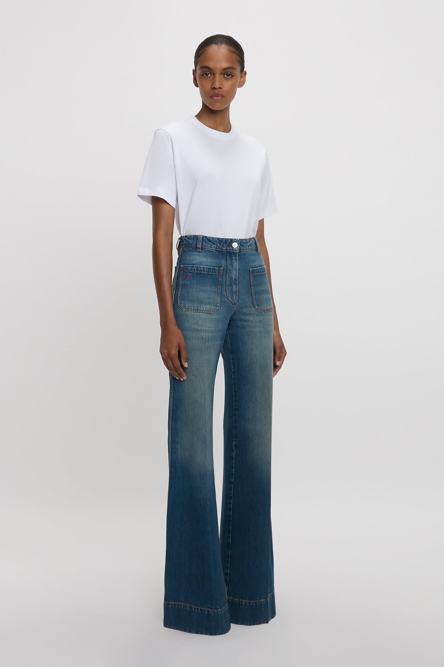 Alina High Waisted Long Stretch Jean In Mid Blue