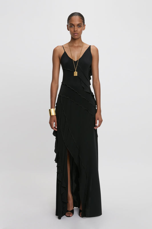 Asymmetric Bias Frill Dress In Black