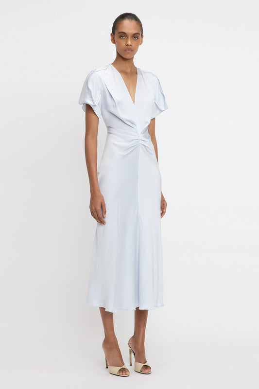 Gathered V-Neck Midi Dress In Ice