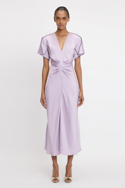 Gathered V-Neck Midi Dress In Petunia