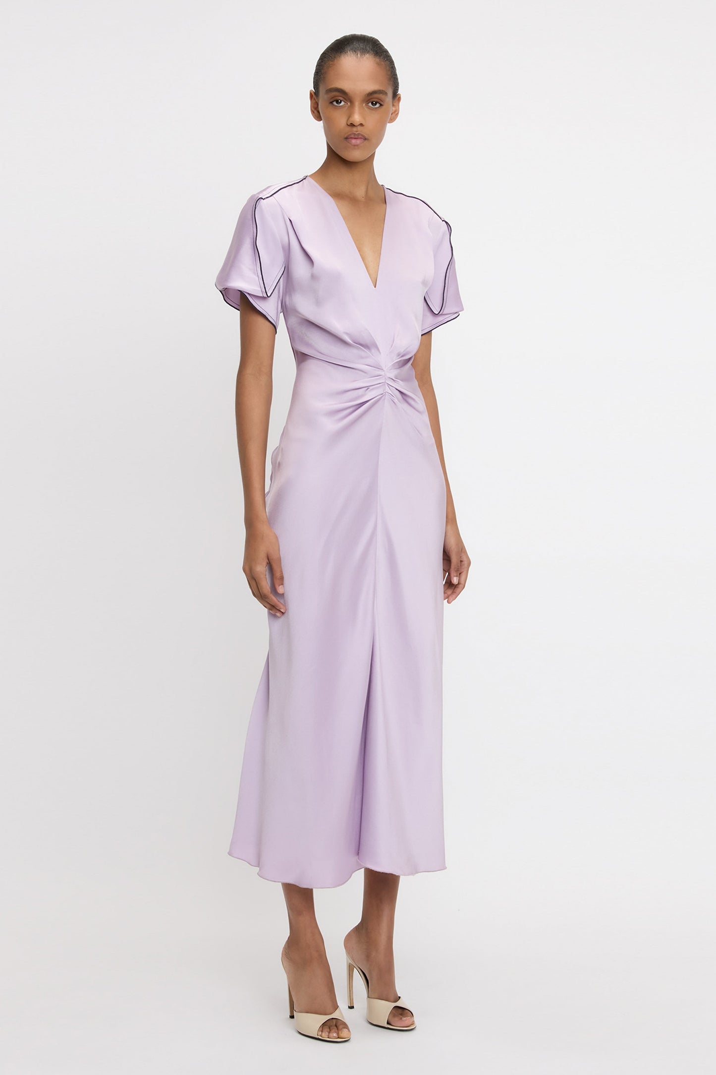 Gathered V-Neck Midi Dress In Petunia