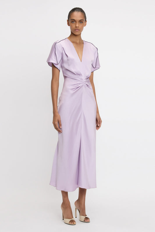 Gathered V-Neck Midi Dress In Petunia